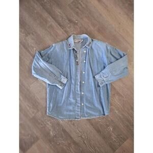 VTG 90s Denim Button Up Women’s M Embroidered Bird Sheep Cottagecore